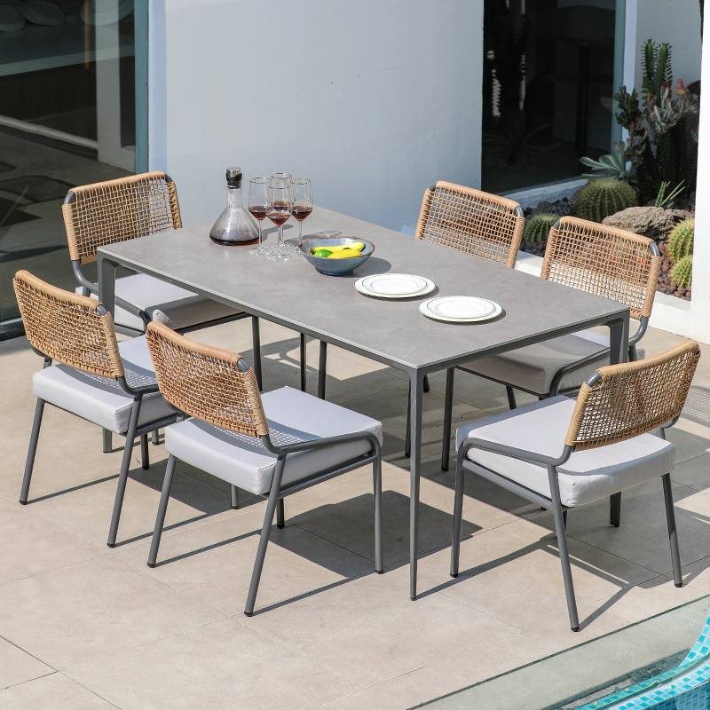 Frise Outdoor Furniture Black Rattan Chair Glass Top Dining Round Table And Chairs