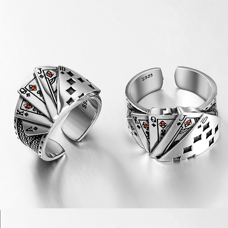 INS vintage creative playing card design copper silver plated jewelry adjustable ring wholesale