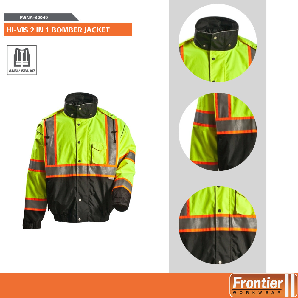 Hi Vis 2 in 1 Bomber Jacket Reflective Waterproof High Visibility Jacket with Vest