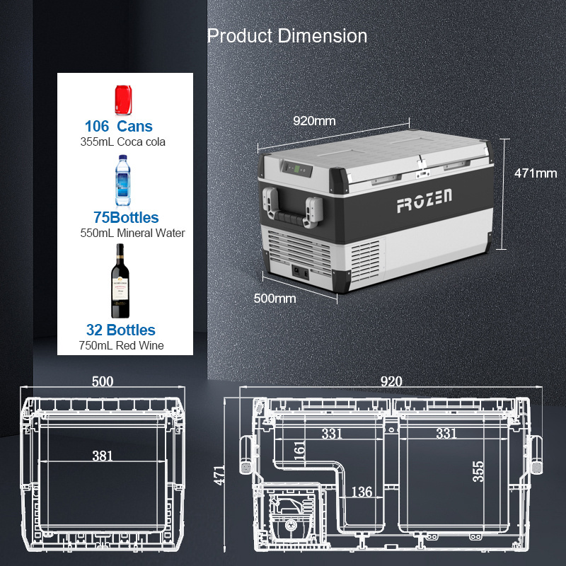 FROZEN portable fridge 12v 75L freezer with compressor dc car cooler for truck caravan RV with CE/RoHS/GS