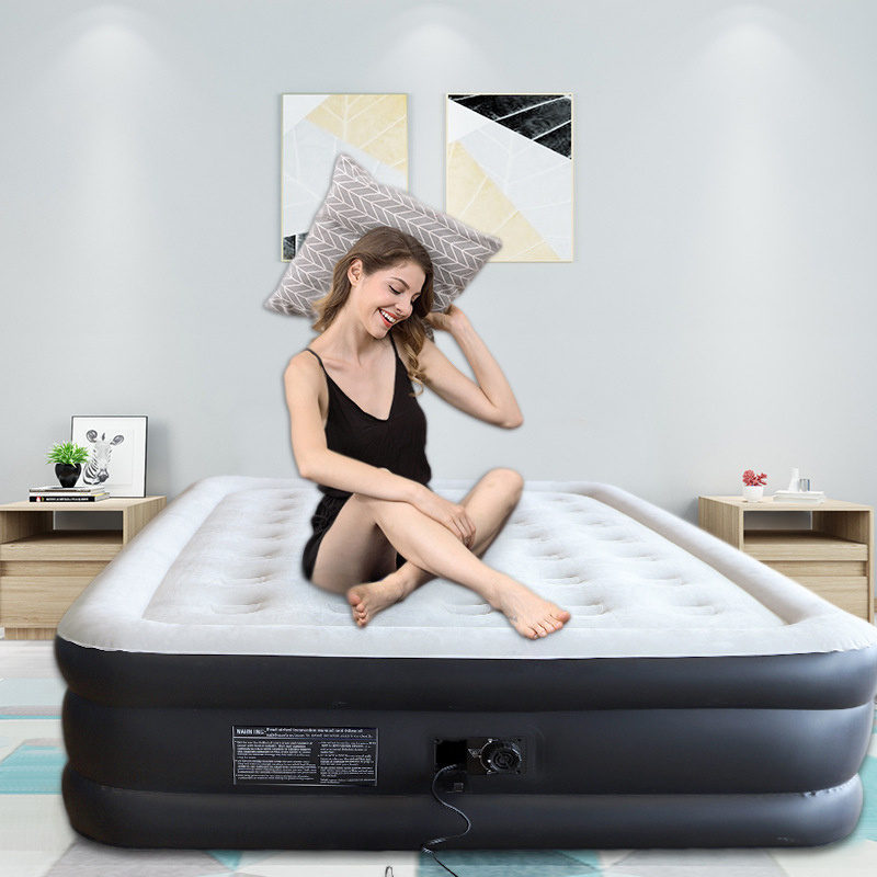 flocked surface queen size raised air mattress bed with built-in electrical pump & pillow inflatable double high airbed