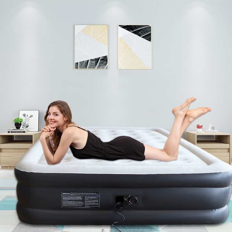 flocked surface queen size raised air mattress bed with built-in electrical pump & pillow inflatable double high airbed