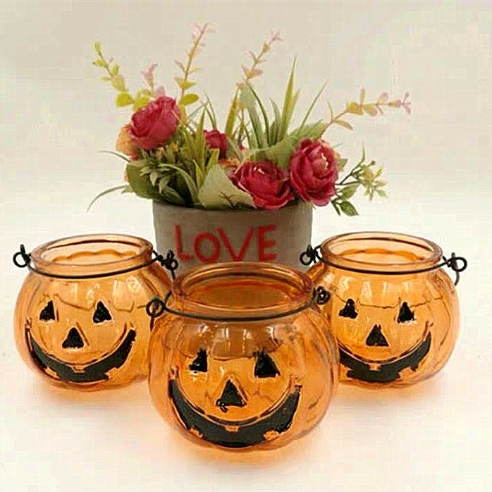 Customize Pumpkin Shaped Glass Lantern Tealight Candle Holder Painted Halloween Pumpkin Glass Candle Jar with or without handle