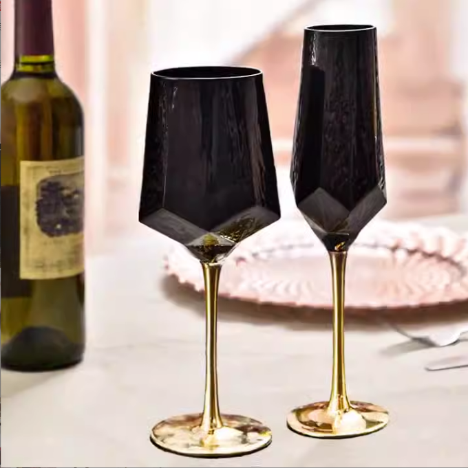 Customized Color Black Glass Drinking Wine Goblet Cup 300ml Recycle Gold Stem Red Wine Glasses