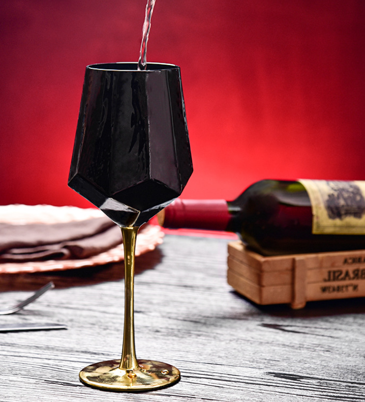 Customized Color Black Glass Drinking Wine Goblet Cup 300ml Recycle Gold Stem Red Wine Glasses