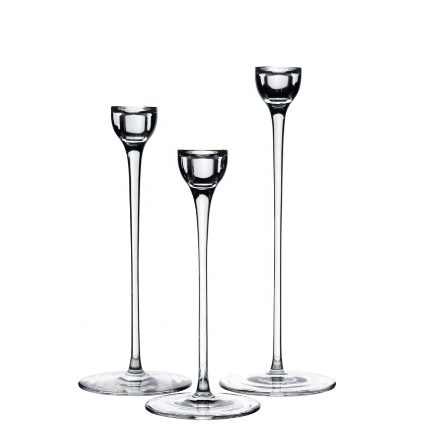 Customize Tall stem glass taper candle holder 3 size set for wedding home decor