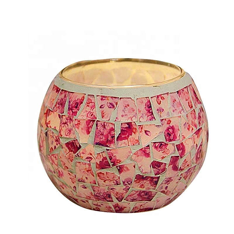 Custom Color Handmade Glass Candle Holder Mosaic Cracked Round Shape Glass Candle Holder for home decor