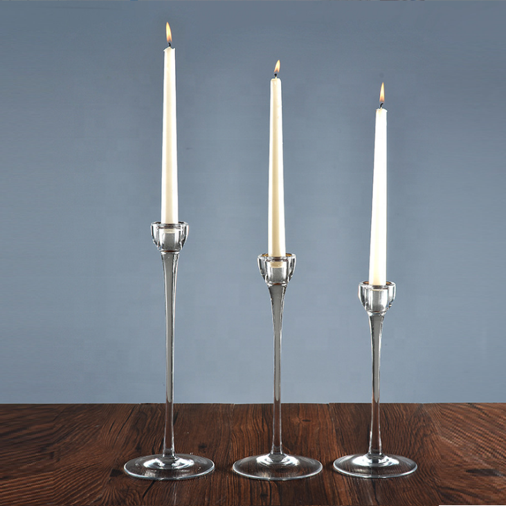 Customize Tall stem glass taper candle holder 3 size set for wedding home decor