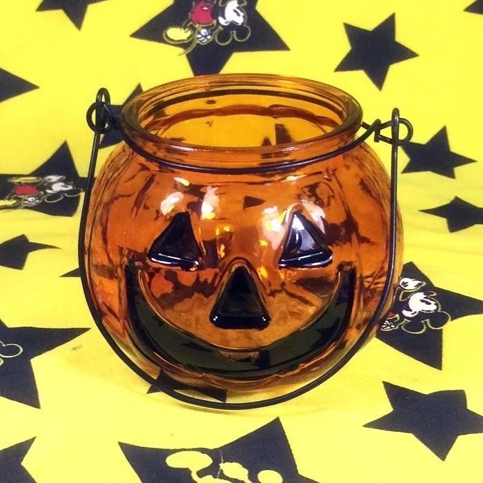 Customize Pumpkin Shaped Glass Lantern Tealight Candle Holder Painted Halloween Pumpkin Glass Candle Jar with or without handle