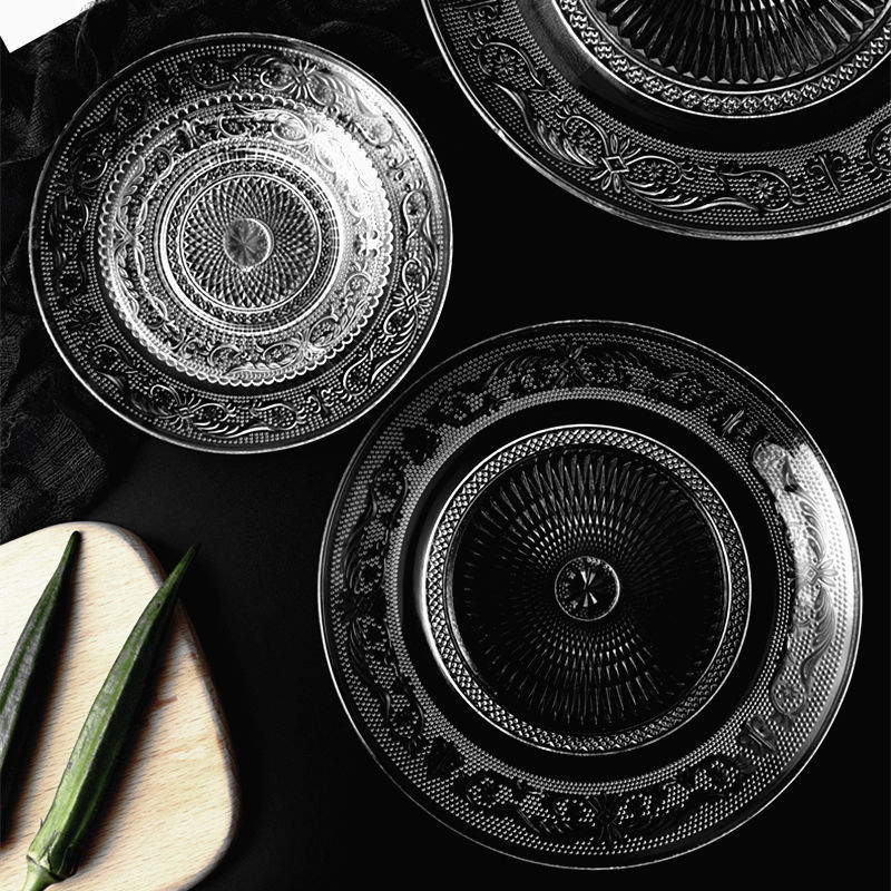 Eco-friendly Round Clear Glass Dinnerware Plate Set Round Clear Plate Food Cake Fruit Glass Plate