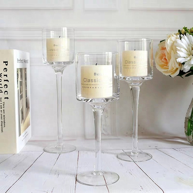 Cylinder Top Clear Long Stem Glass Candle Holders 3 size Set Wine Glass Candle Jars for Wedding Holiday Festival Party