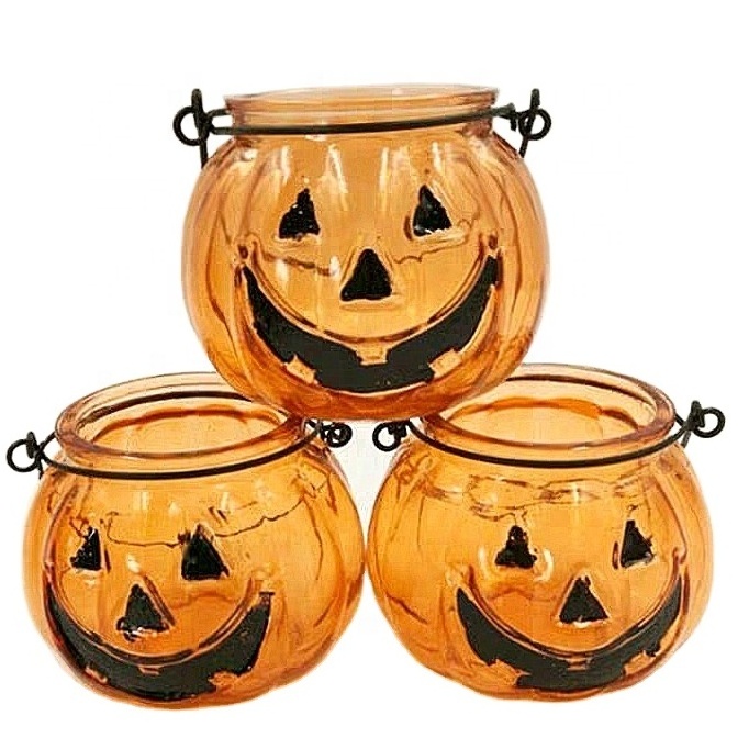 Customize Pumpkin Shaped Glass Lantern Tealight Candle Holder Painted Halloween Pumpkin Glass Candle Jar with or without handle