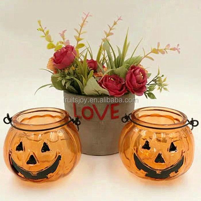 Customize Pumpkin Shaped Glass Lantern Tealight Candle Holder Painted Halloween Pumpkin Glass Candle Jar with or without handle