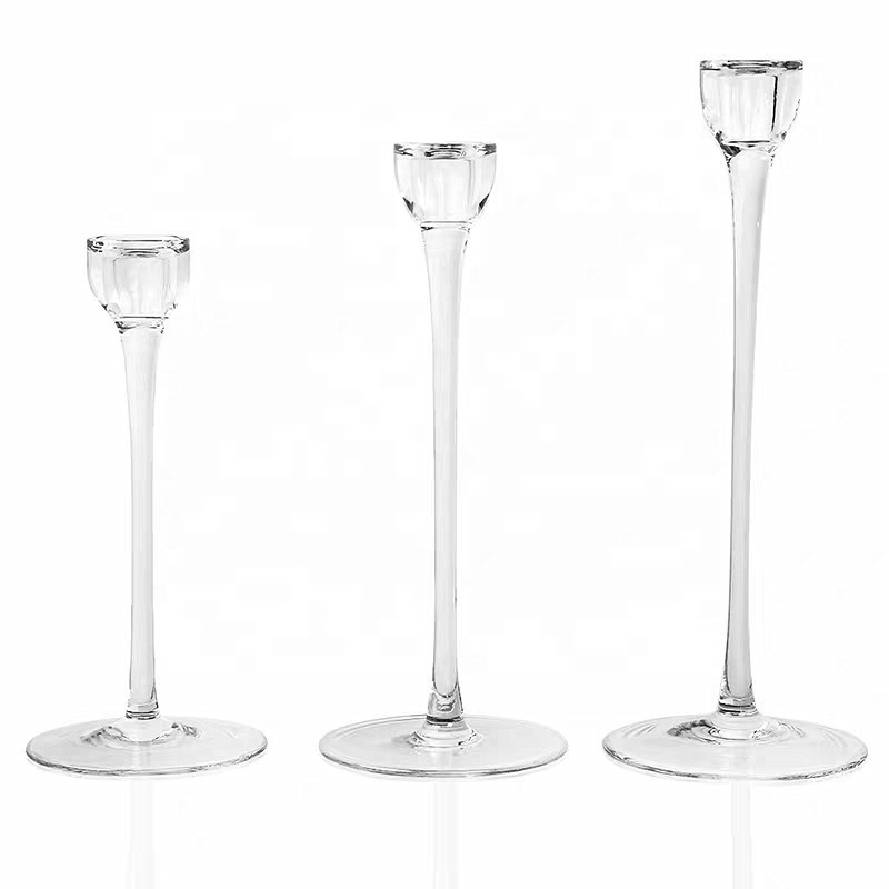 Customize Tall stem glass taper candle holder 3 size set for wedding home decor