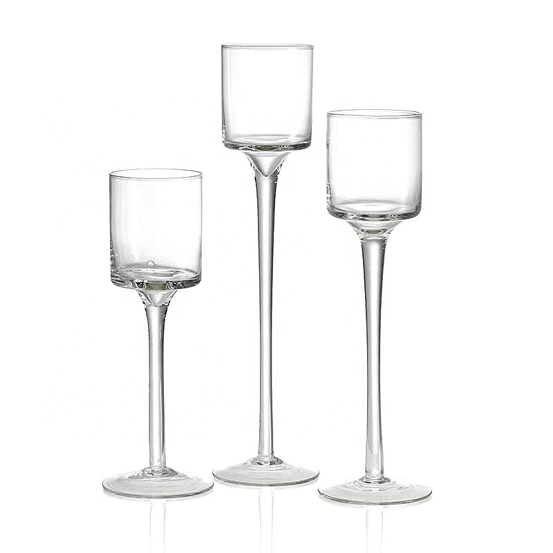 Customize Clear long stem glass candle holders 3 size set cylinder top for wedding holiday festival party