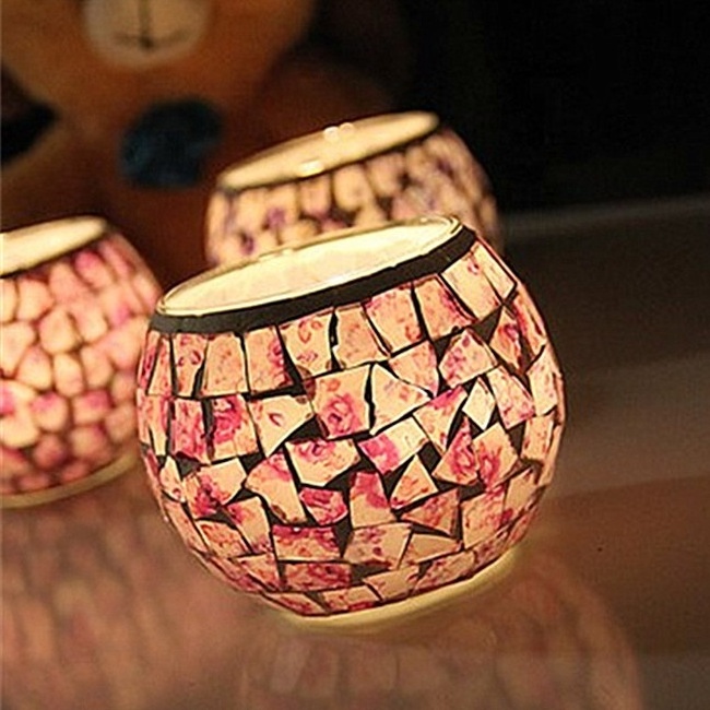 Custom Color Handmade Glass Candle Holder Mosaic Cracked Round Shape Glass Candle Holder for home decor