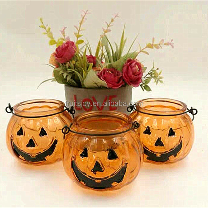 Customize Pumpkin Shaped Glass Lantern Tealight Candle Holder Painted Halloween Pumpkin Glass Candle Jar with or without handle