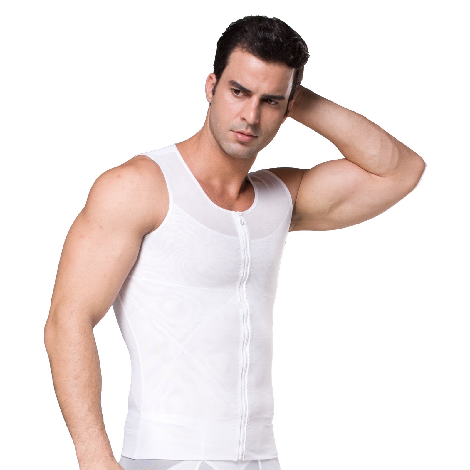 High Elastic Double Layer Mesh Cloth Men's Slimming Vest Zipper and Hook Design Cross Back Tight Vest