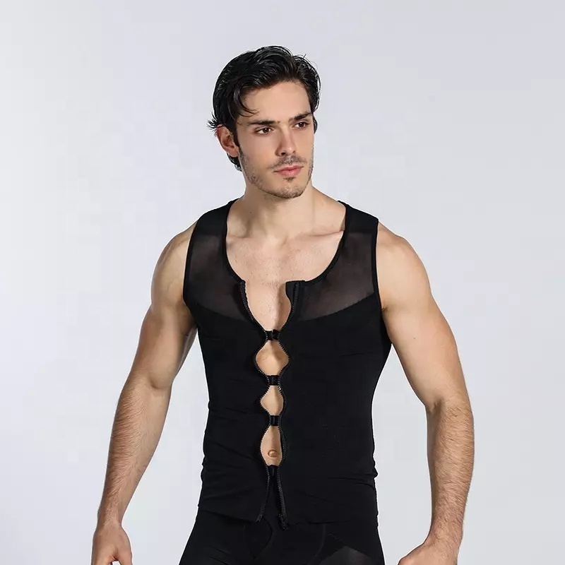 High Elastic Double Layer Mesh Cloth Men's Slimming Vest Zipper and Hook Design Cross Back Tight Vest