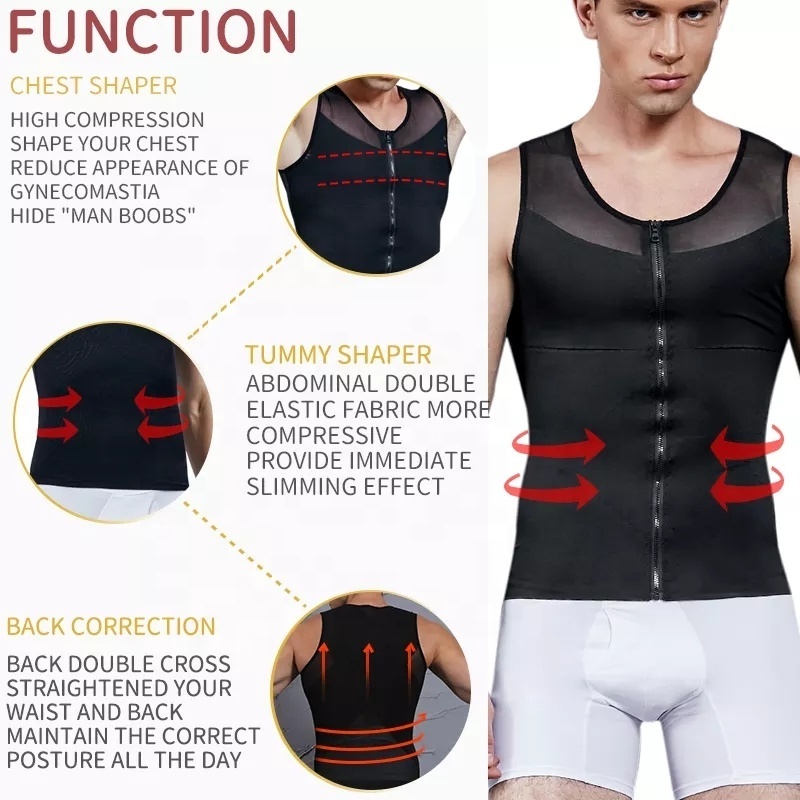 High Elastic Double Layer Mesh Cloth Men's Slimming Vest Zipper and Hook Design Cross Back Tight Vest