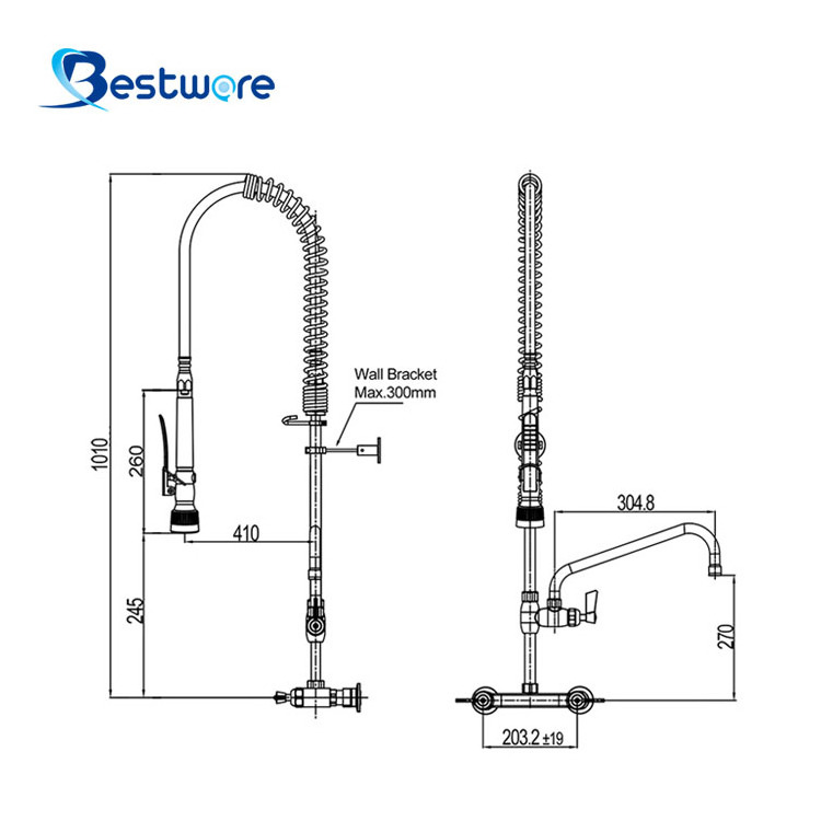 Commercial Dishwasher Machine Wall Mounted Kitchen Sink Faucet with Pre Rinse 2-Handle Stainless Steel Dual Valve Core