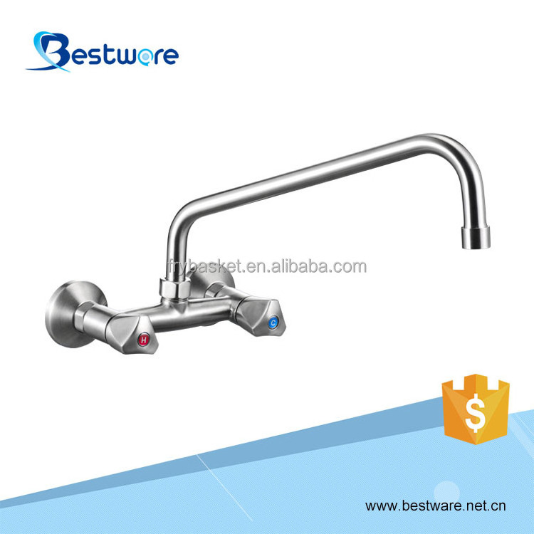 Stainless Steel European Water Tap Double Handle Kitchen Wall Mounted Commercial Faucet