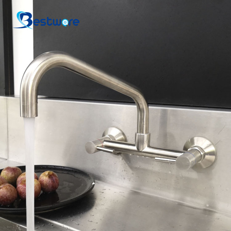 Stainless Steel Kitchen Faucet with Wall Mount Pull down Sprayer Dual Handle Brushed Surface Manufacturer Warranty