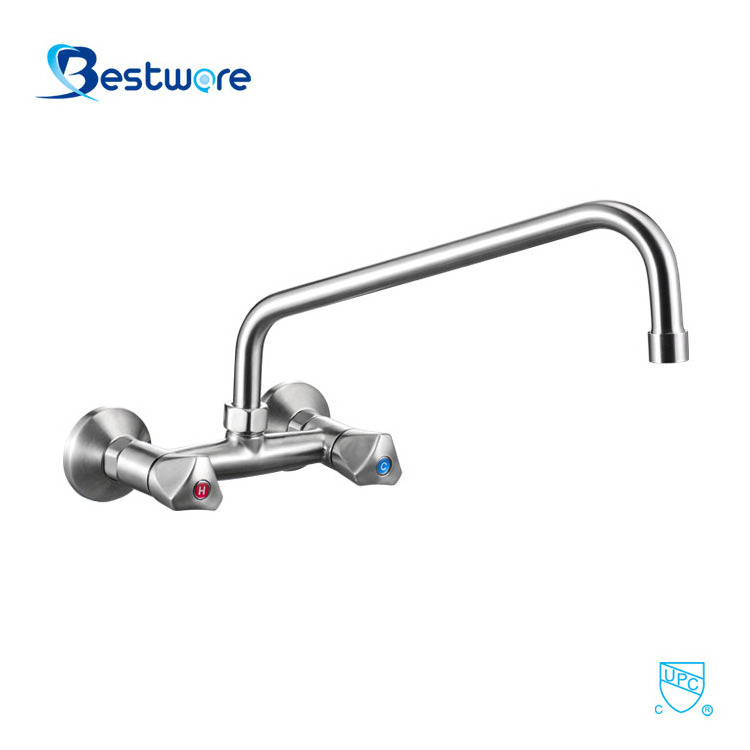 Stainless Steel European Water Tap Double Handle Kitchen Wall Mounted Commercial Faucet