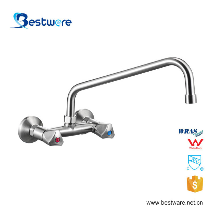 Stainless Steel European Water Tap Double Handle Kitchen Wall Mounted Commercial Faucet