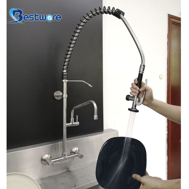 Modern Faucets Manufacturer Pre Rinse Hot Cold Kitchen Stainless Steel Wall Mount Commercial Faucet