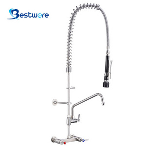 Commercial Dishwasher Machine Wall Mounted Kitchen Sink Faucet with Pre Rinse 2-Handle Stainless Steel Dual Valve Core