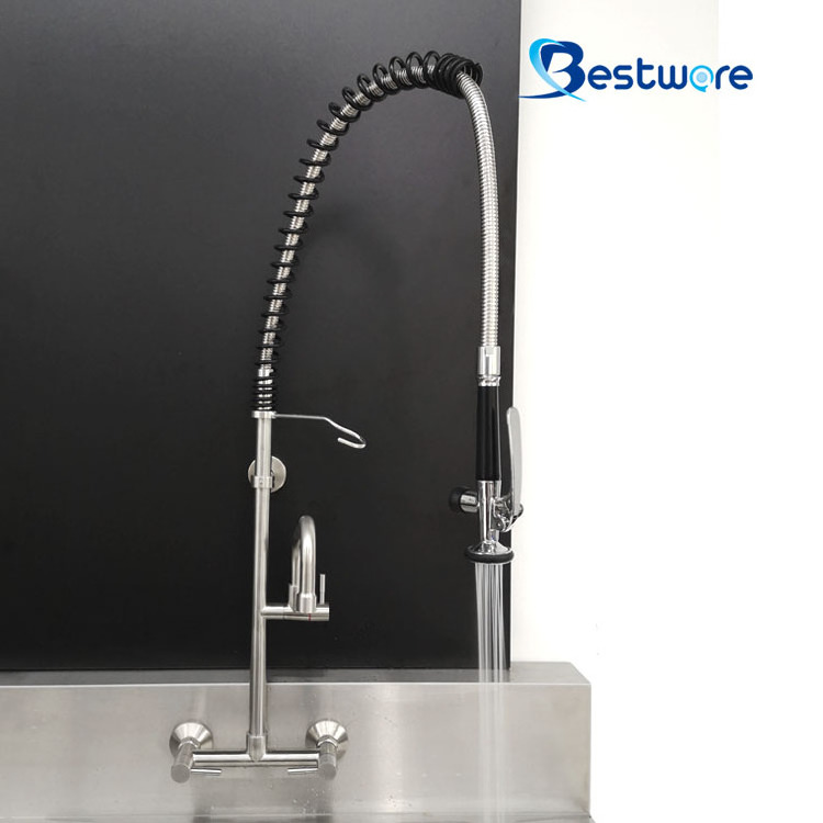 Modern Faucets Manufacturer Pre Rinse Hot Cold Kitchen Stainless Steel Wall Mount Commercial Faucet