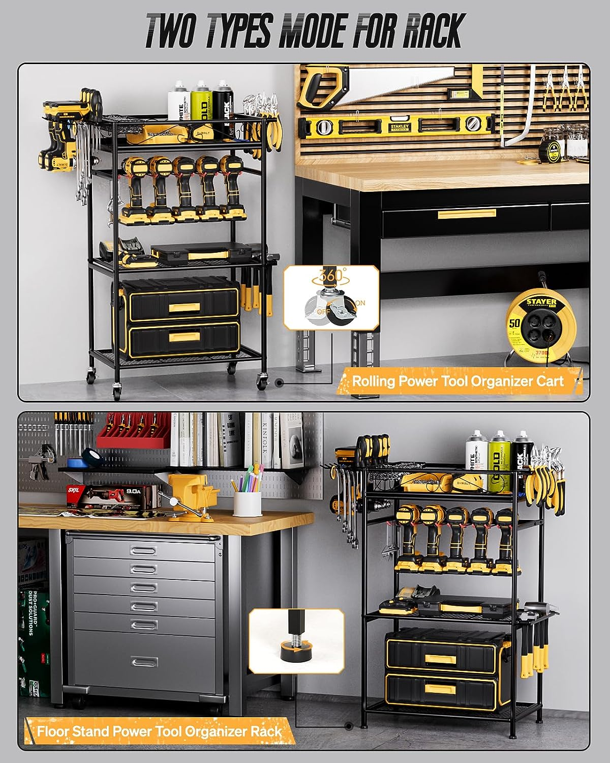 Power Tool Organizer - 8 Cordless Drill Holder Rolling Tool Cart with Wheels, 4 Layer Heavy Duty Metal Garage Storage Shelving