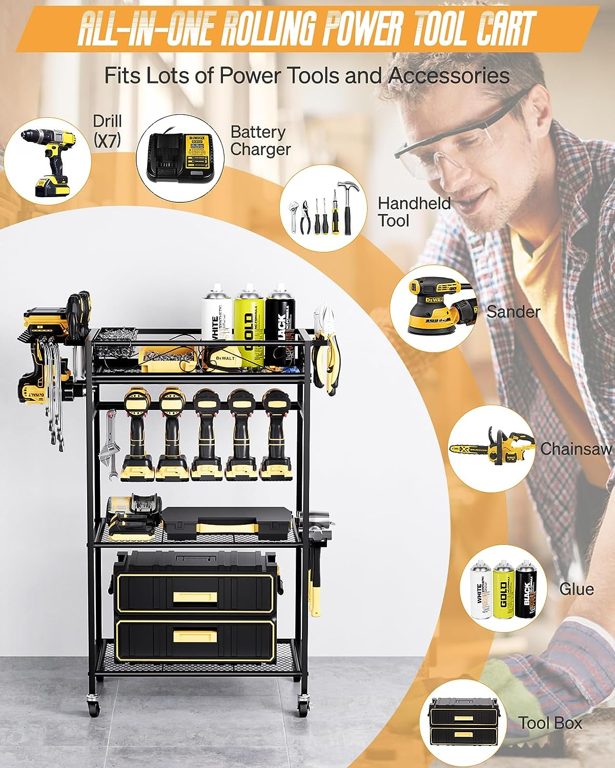 Power Tool Organizer - 8 Cordless Drill Holder Rolling Tool Cart with Wheels, 4 Layer Heavy Duty Metal Garage Storage Shelving