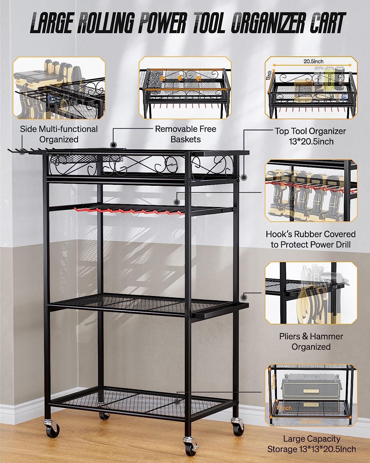 Power Tool Organizer - 8 Cordless Drill Holder Rolling Tool Cart with Wheels, 4 Layer Heavy Duty Metal Garage Storage Shelving