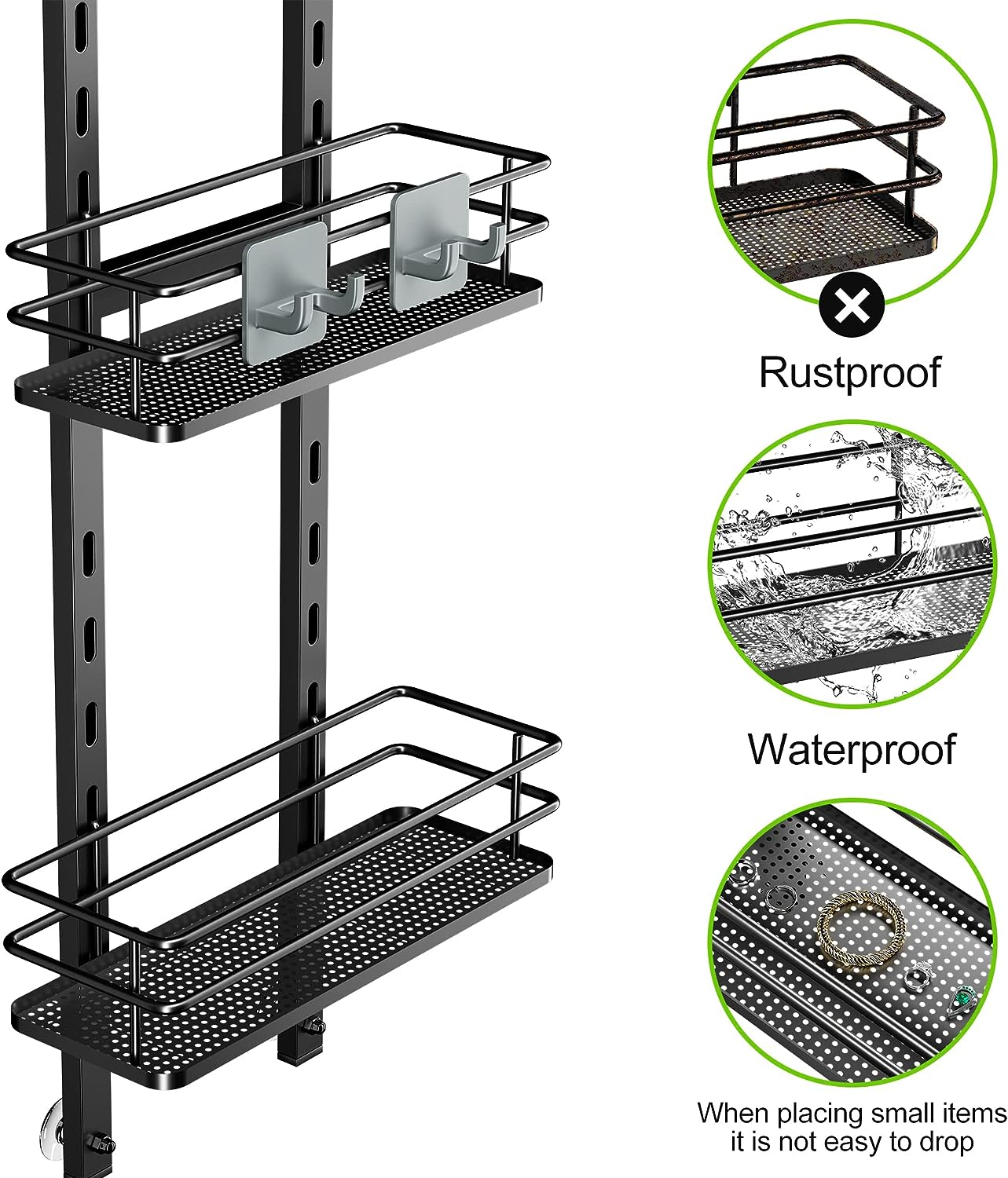 Adjustable Hanging Over the Shower Door Caddy with Hooks, Bathroom Organizer Shelf Storage Rack