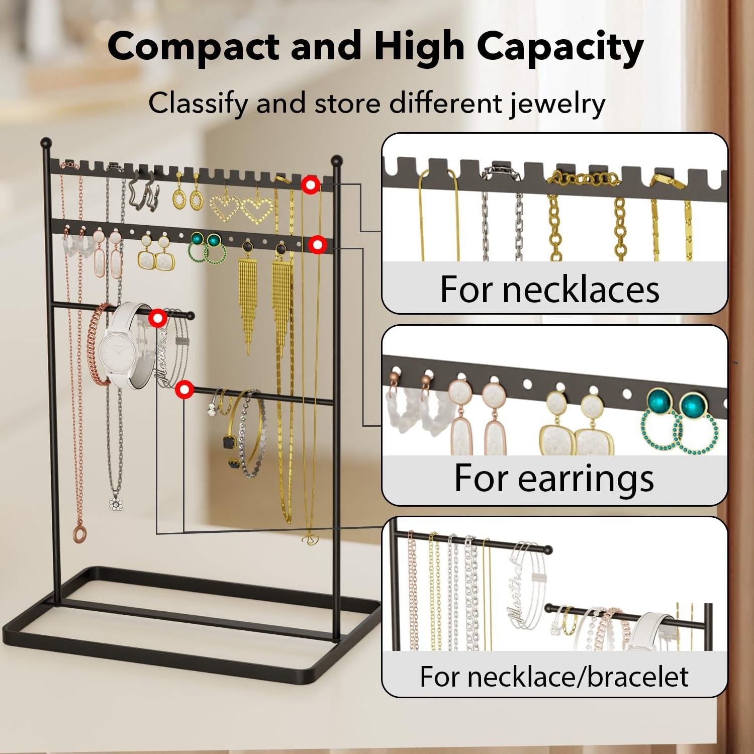 4 Tier Jewelry Organizer Stand Holder for Necklace, Bracelet, Ring, Earring Rack With 36 Hole, Storage Hanger for Display