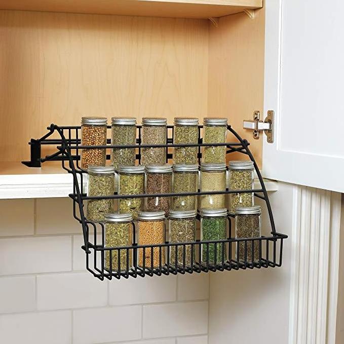 3 Tier Pull Down Spice Rack- Easy Reach Kitchen Storage Shelf Organizer for Cabinet and Pantry-Holder for Seasoning Jars Bottles