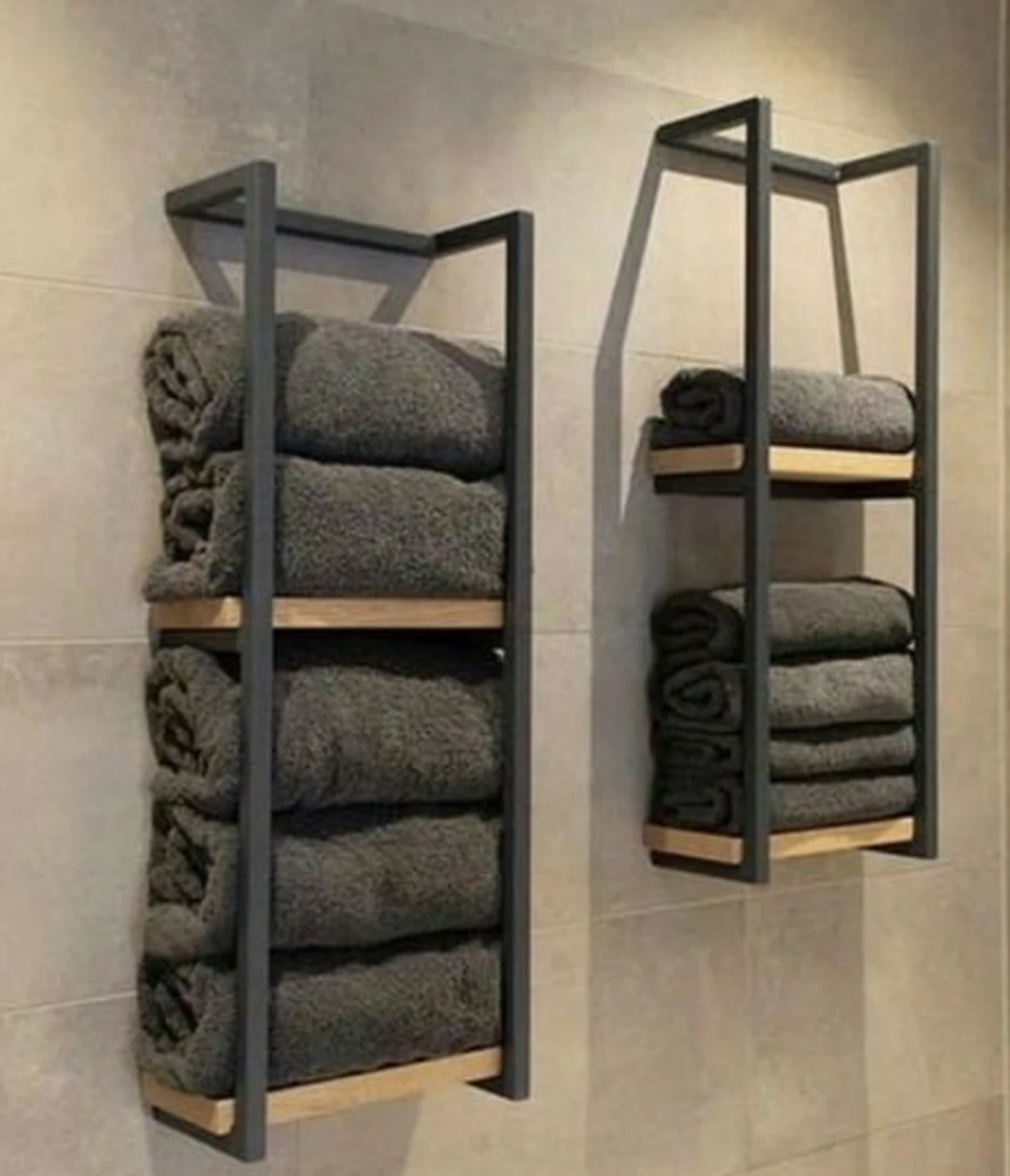 Bathroom Towel Rack Wall Mounted Decor, Industrial Pipe Holder, Shower Caddy, Shelf and  bar With Wood Tray