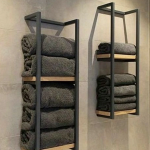 Bathroom Towel Rack Wall Mounted Decor, Industrial Pipe Holder, Shower Caddy, Shelf and  bar With Wood Tray