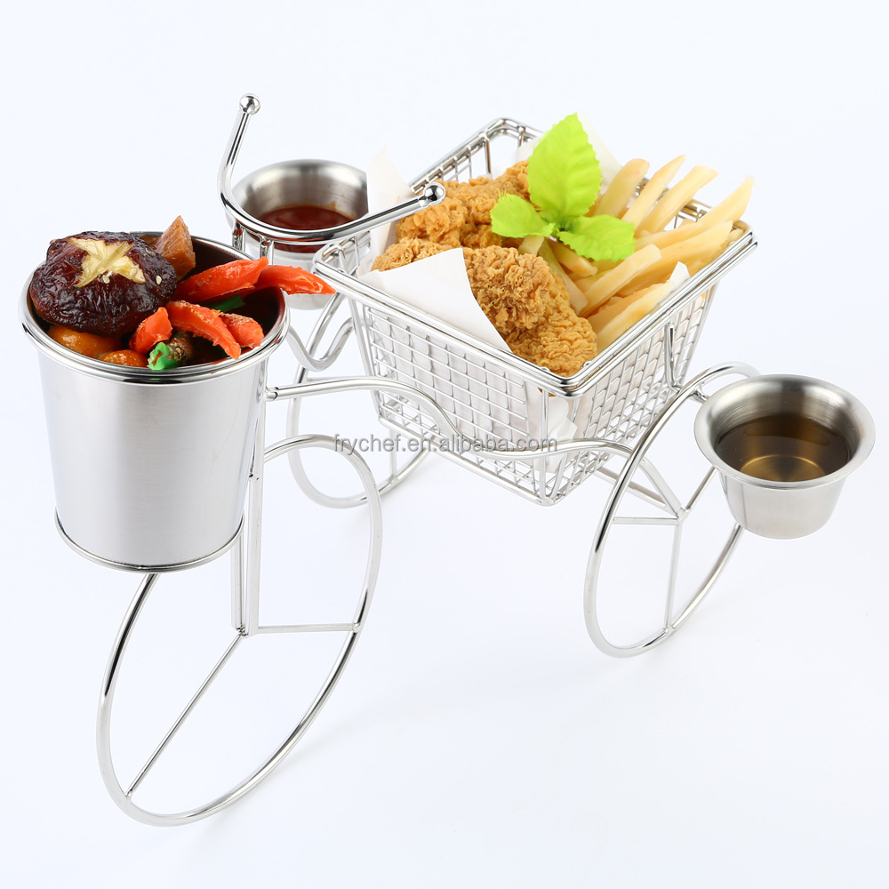 New three-wheeler french fry serving stand Metal Fry food display Rack, With stainless steel table serving Basket&Bucket&Two cup