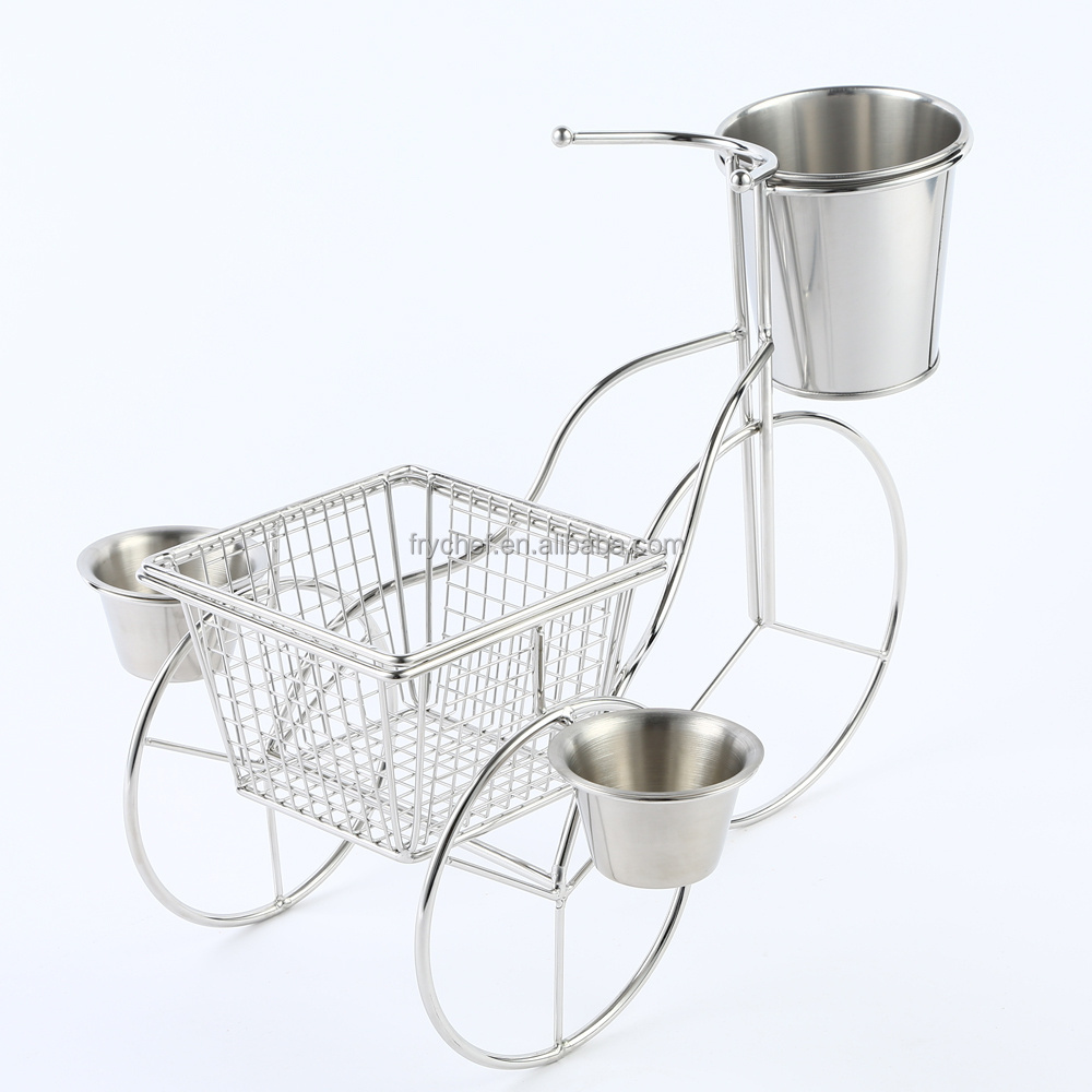 New three-wheeler french fry serving stand Metal Fry food display Rack, With stainless steel table serving Basket&Bucket&Two cup