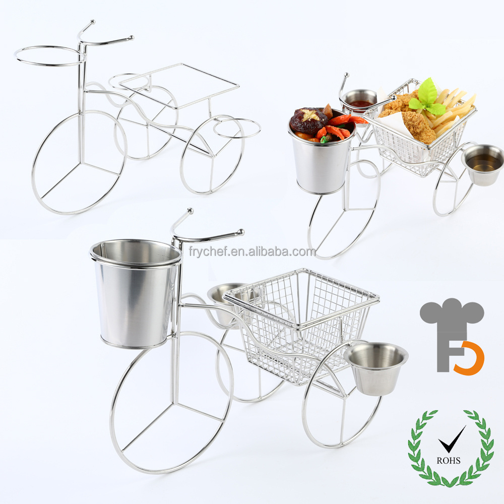 New three-wheeler french fry serving stand Metal Fry food display Rack, With stainless steel table serving Basket&Bucket&Two cup