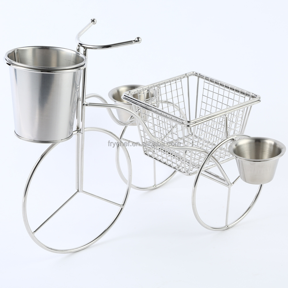 New three-wheeler french fry serving stand Metal Fry food display Rack, With stainless steel table serving Basket&Bucket&Two cup