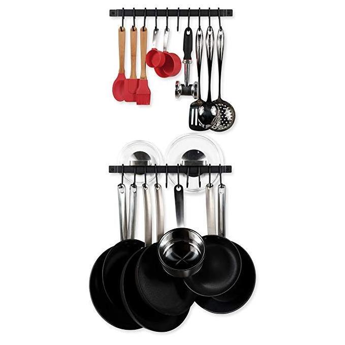 Metal Kitchen Utensil Rail with 10 S Hooks Wall Mounted Wrought Iron Hanging Holder Rack with Black 17 Inch