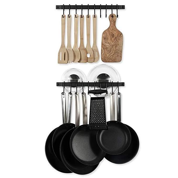 Metal Kitchen Utensil Rail with 10 S Hooks Wall Mounted Wrought Iron Hanging Holder Rack with Black 17 Inch