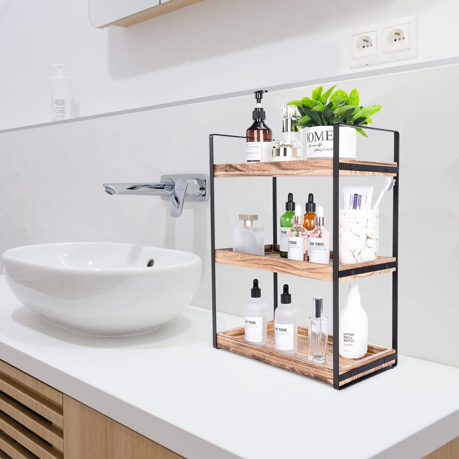 Countertop Organizer for Bathroom Counter Kitchen Spice Holder Shelf With Wood Tray Cosmetic Storage- 2 Tier and 3 Tier