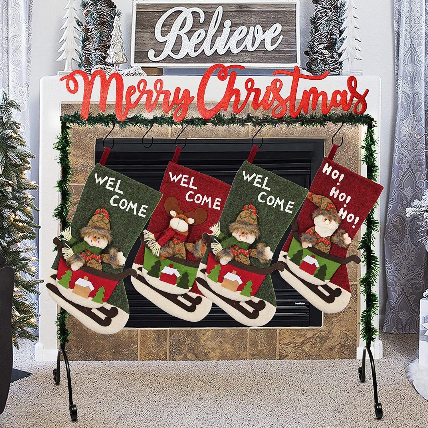 Metal Merry Christmas Stocking Holder Stand Hangers