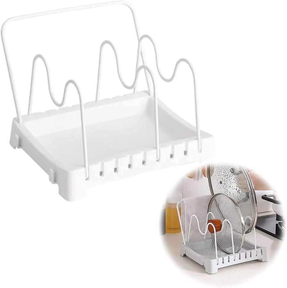 Pot Lid Stand Rack /Holder/Organizer,with 3 Adjustable Dividers 1Hanging Dry Cloth shelf for Kitchen cabinet,Cut Board,Pan cover