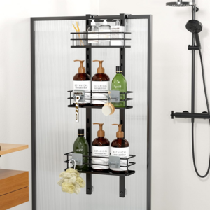 Adjustable Hanging Over the Shower Door Caddy with Hooks, Bathroom Organizer Shelf Storage Rack